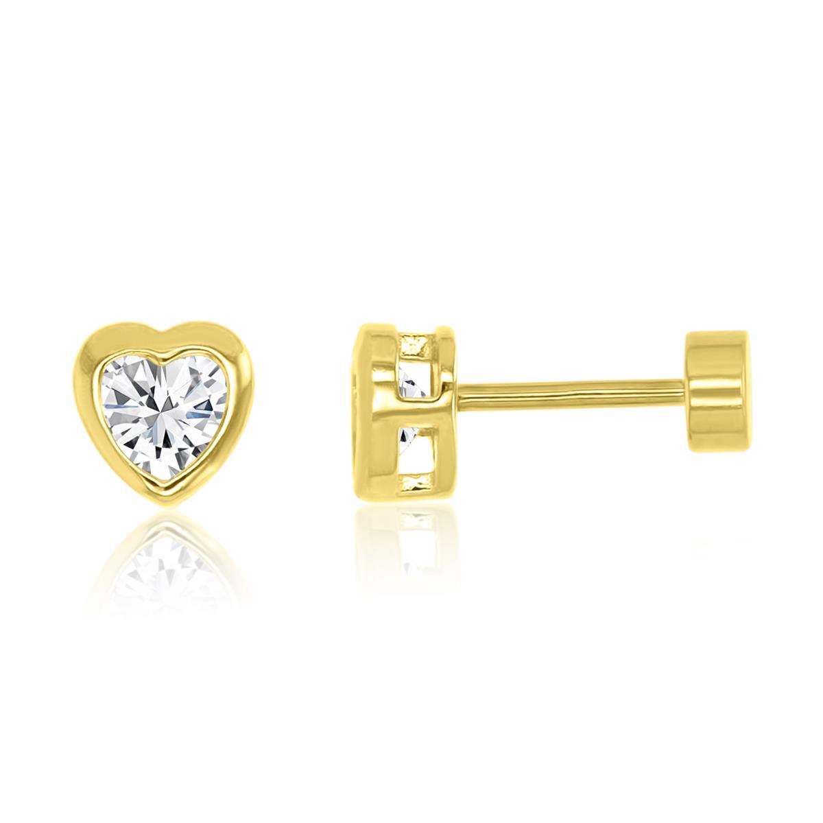 14K Yellow Gold 5MM Polished White CZ Bezel Heart Flat Back Stud Earrings