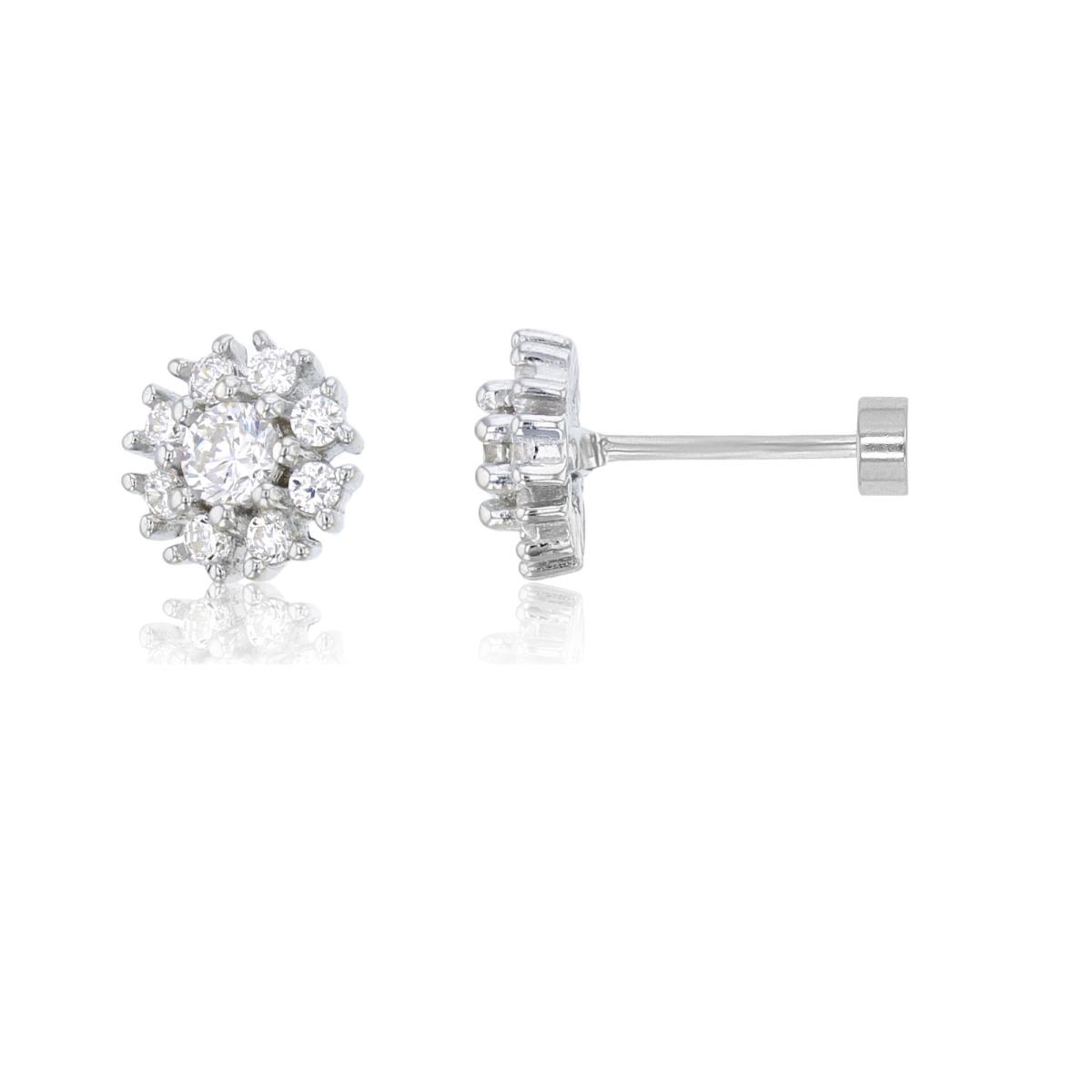 Sterling Silver Rhodium 3mm Round Pave 7mm Flat Back Stud Earrings