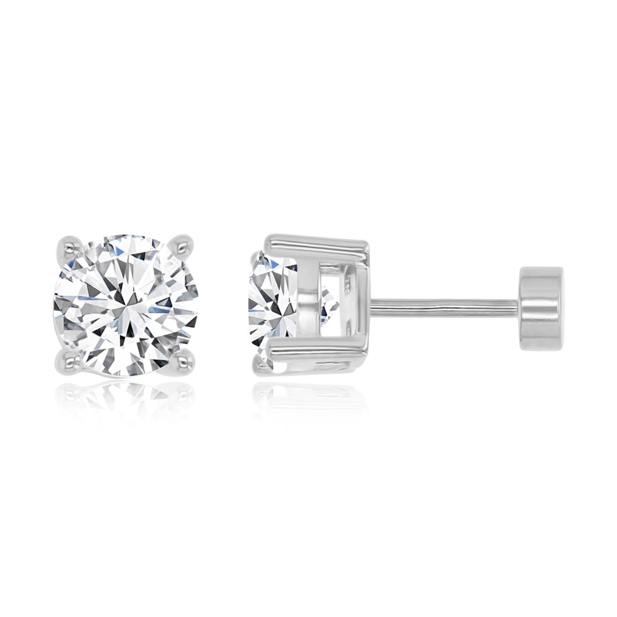 Sterling Silver Rhodium 5.00mm AAA Round Solitaire Flat Back Stud Earrings