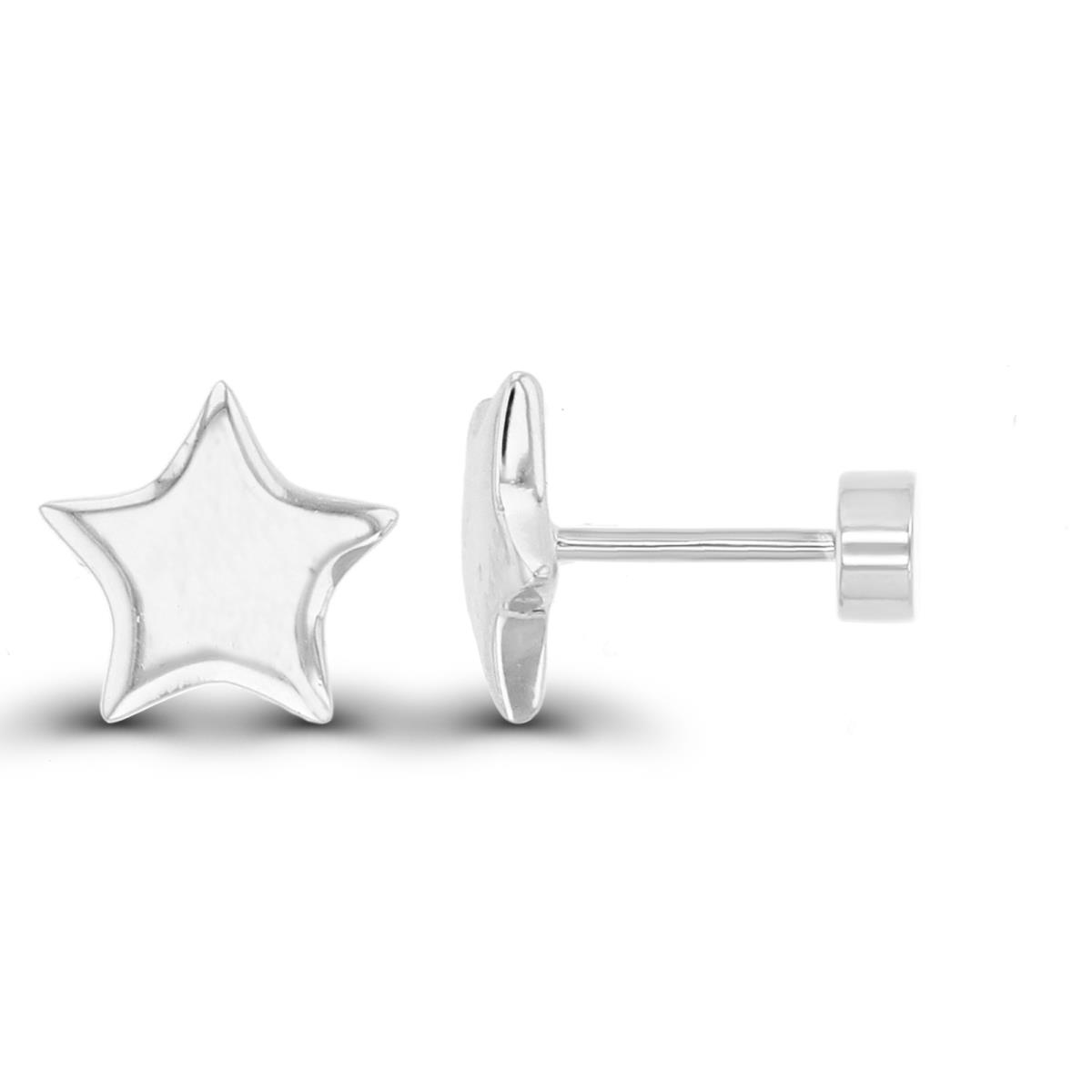 Sterling Silver Rhodium High Polish Star 8mm Flat Back Stud Earrings