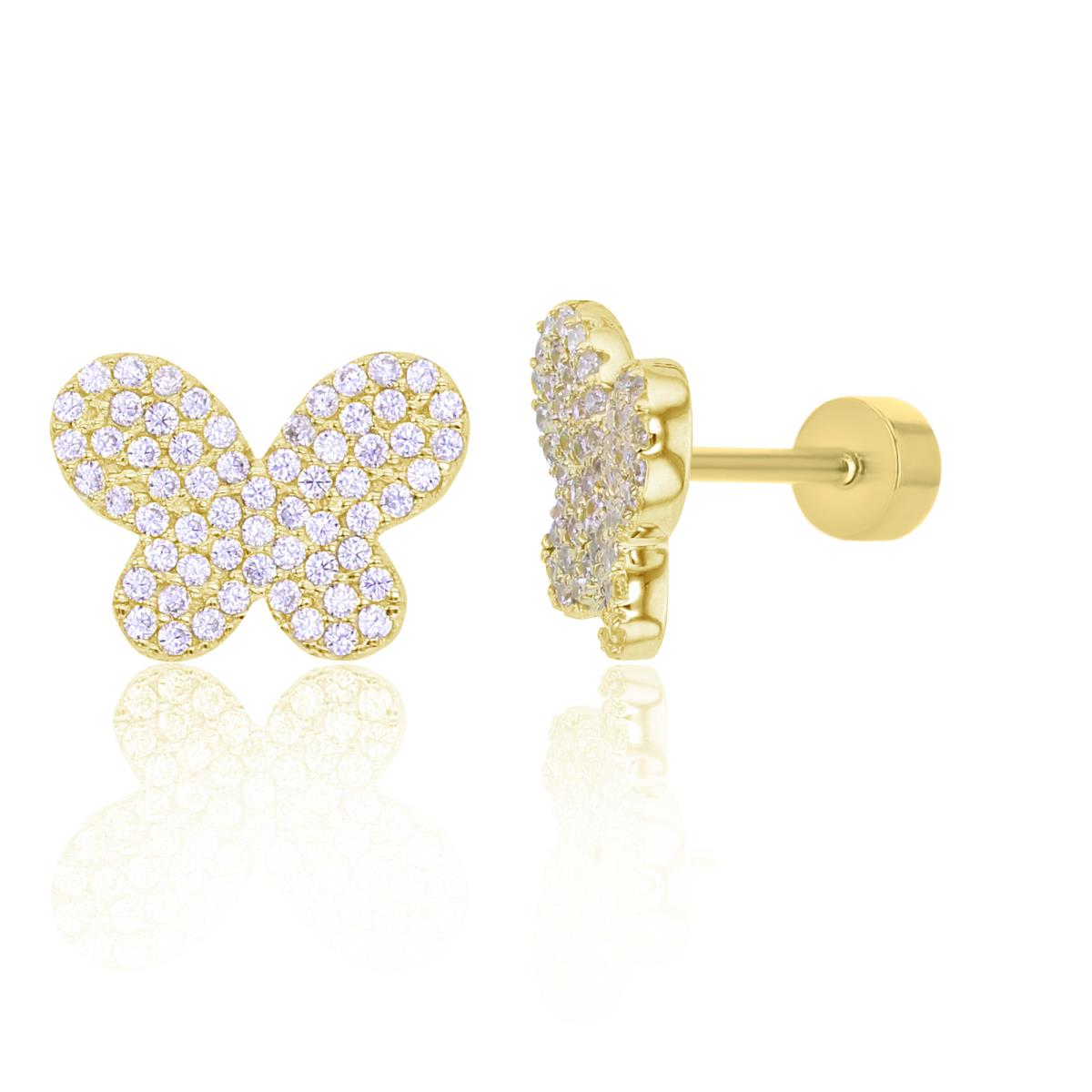Sterling Silver Yellow Rnd White CZ Micropave Butterfly Flat Back Stud Earrings