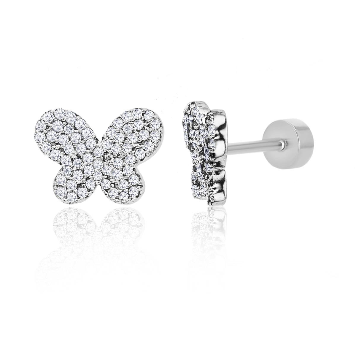 Sterling Silver Rhodium Rnd White CZ Micropave Butterfly Flat Back Stud Earrings