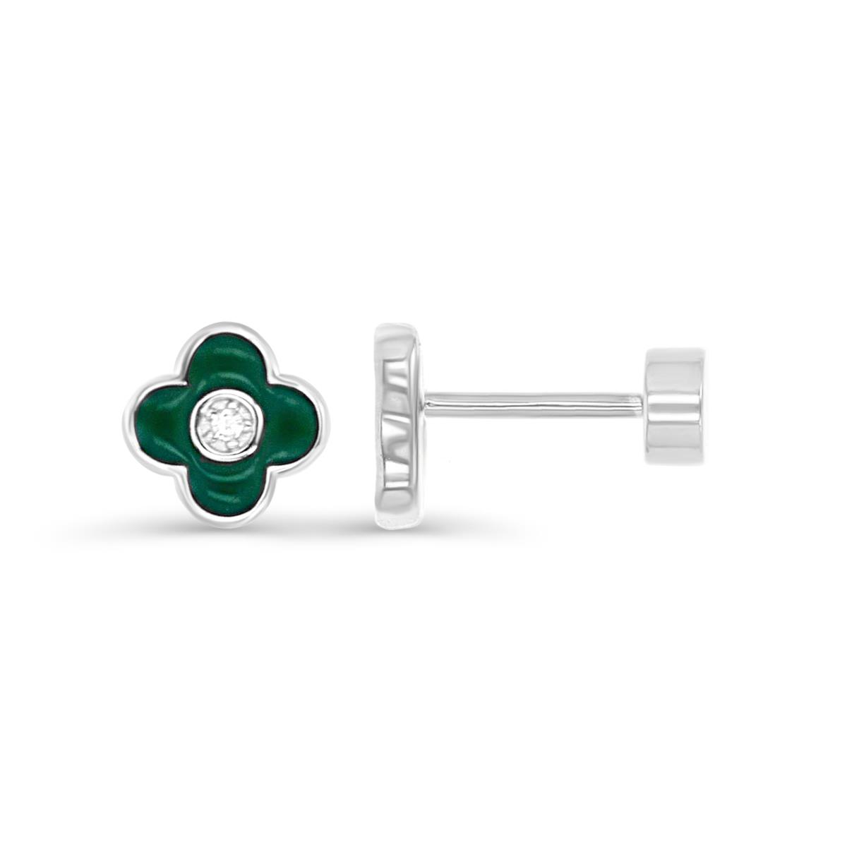 Sterling Silver Rhodium 7MM Polished Green Enamel & White CZ Flower Flat Back Stud Earrings