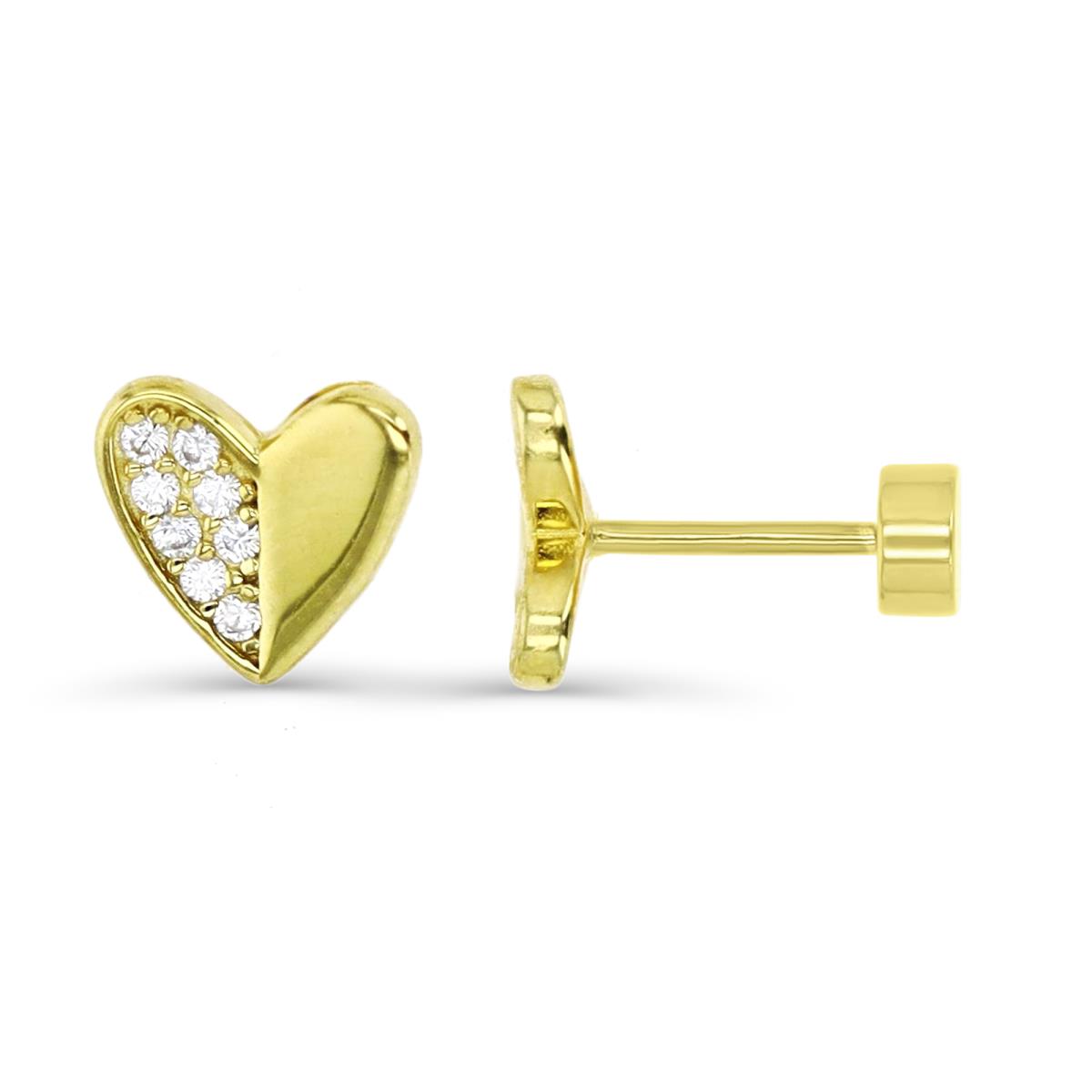 Sterling Silver Yellow  8X8MM Polished White CZ Half Pave Heart Flat Back Stud Earrings