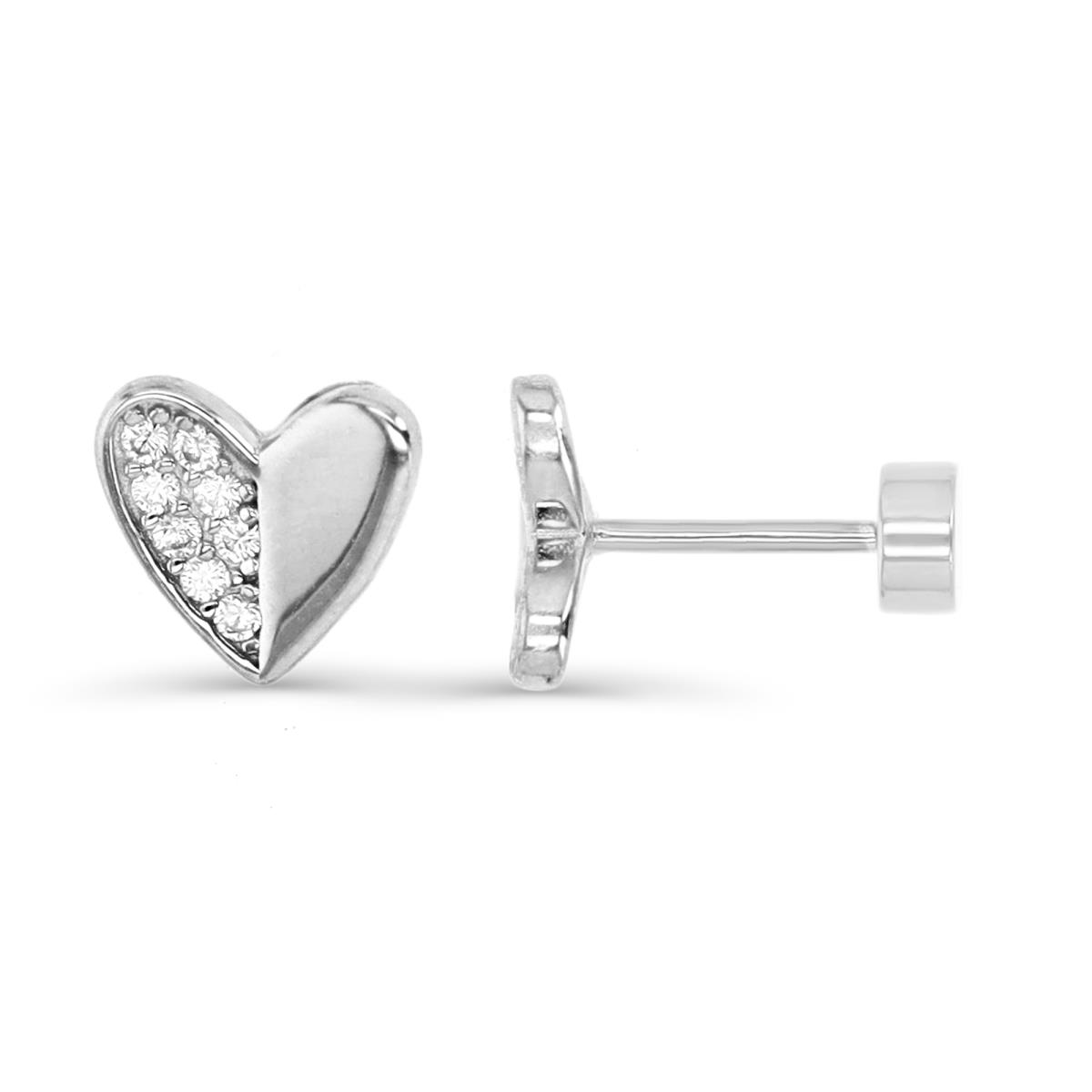 Sterling Silver Rhodium 8X8MM Polished White CZ Half Pave Heart Flat Back Stud Earrings