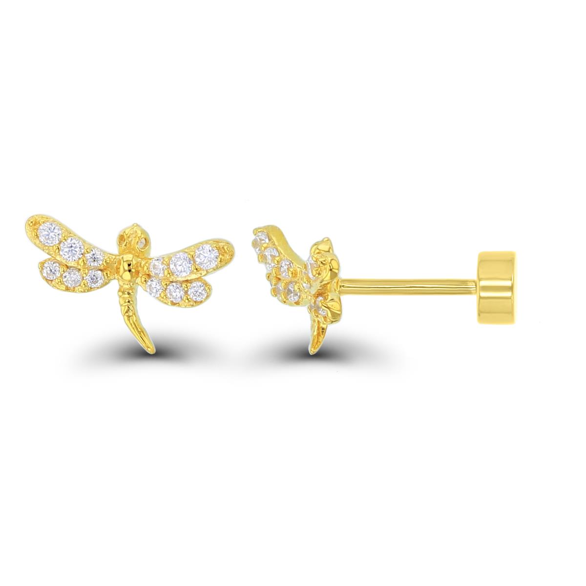 Sterling Silver Yellow Rnd White CZ Dragonfly Flat Back Stud Earrings