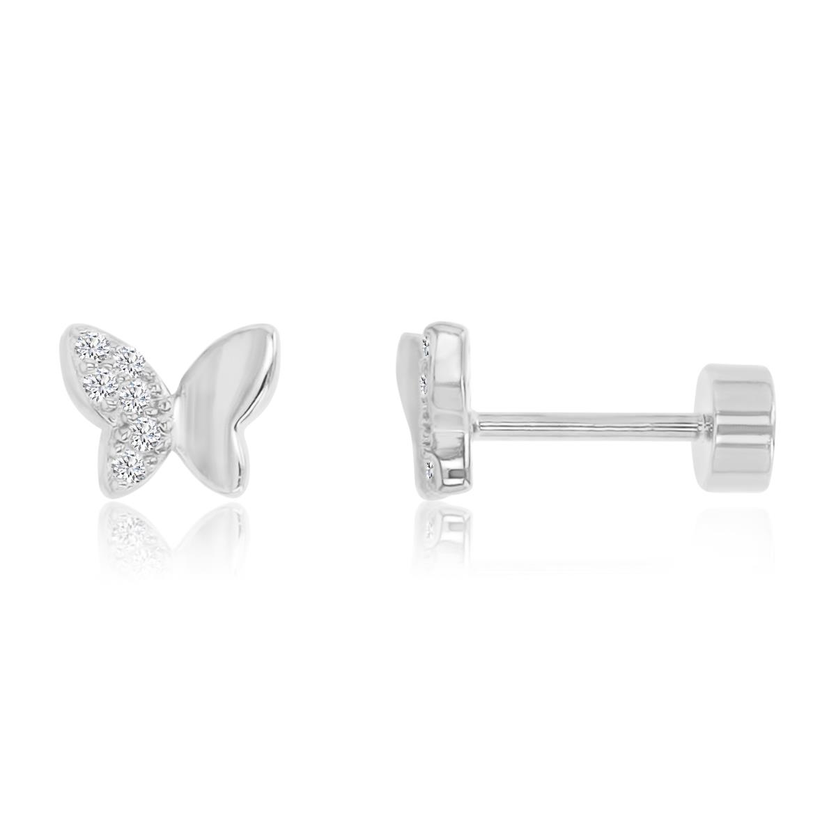Sterling Silver Rhodium 6X5MM Polished White CZ Half Pave Butterfly Flat Back Stud Earrings