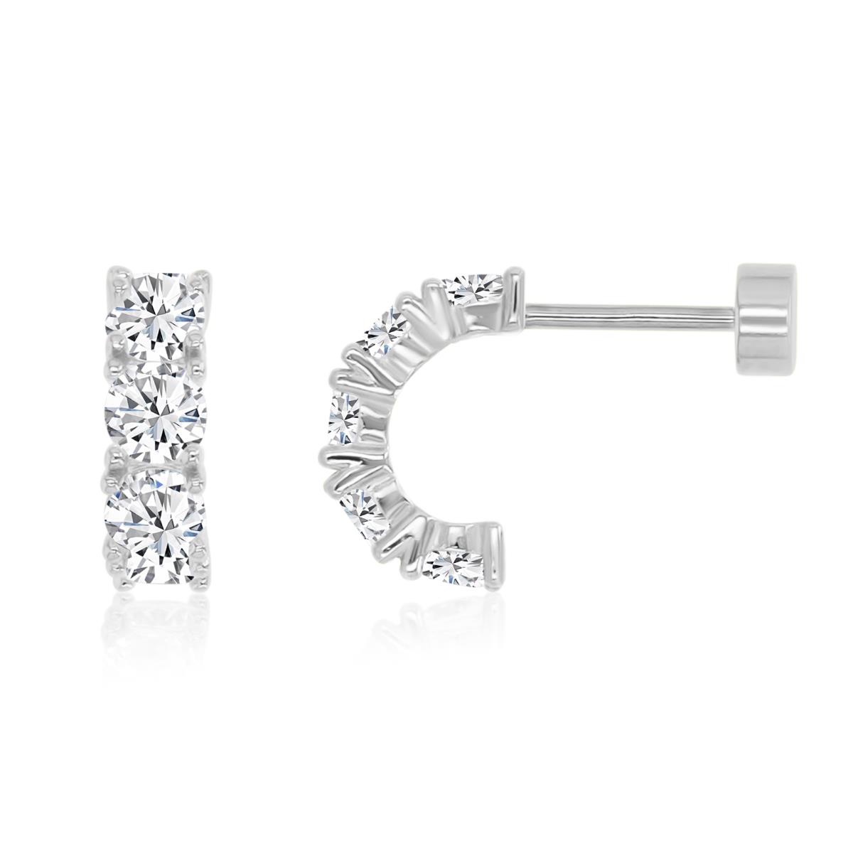 Sterling Silver Rhodium 8X3 Polished White CZ Pave C Flat Back Stud Earrings