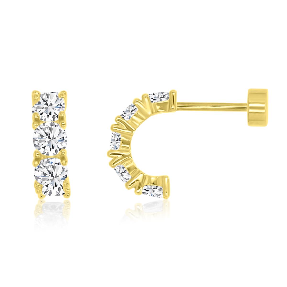 Sterling Silver Yellow 8X3 Polished White CZ Pave C Flat Back Stud Earrings