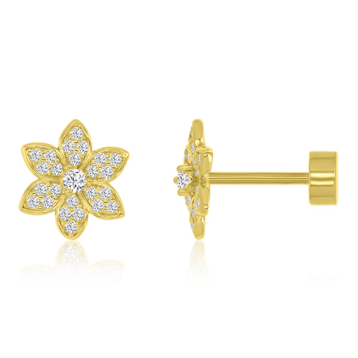 Sterling Silver Yellow & White CZ Small Flower Stud Flat Back Earring