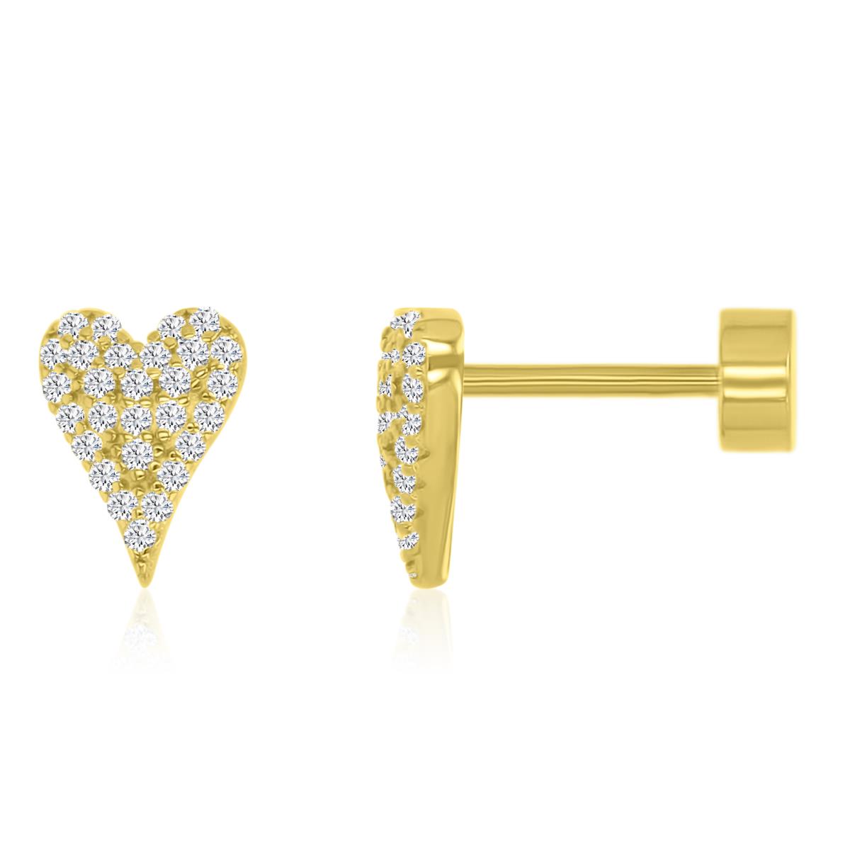 Sterling Silver Yellow Paved Heart Stud Flat Back Earring