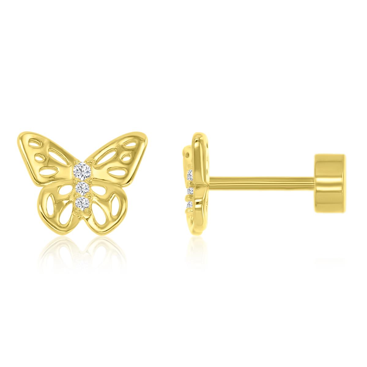 Sterling Silver Yellow 10MM Polished White CZ Butterfly Stud Flat Back Earring