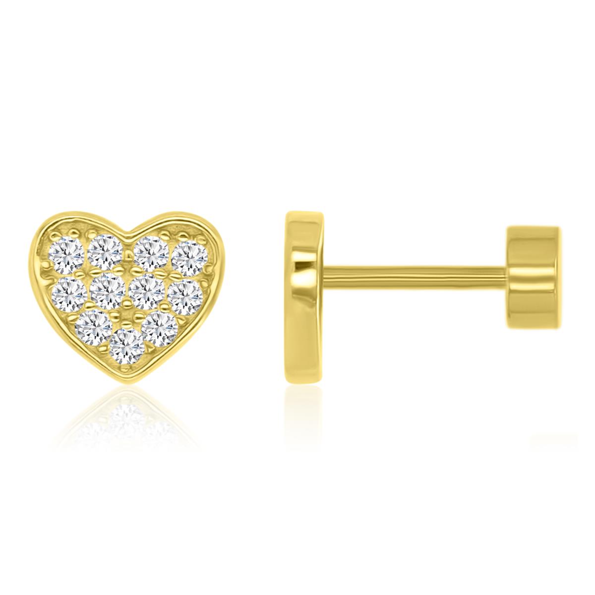 Sterling Silver Yellow White CZ Paved Heart Stud Flat Back Earring