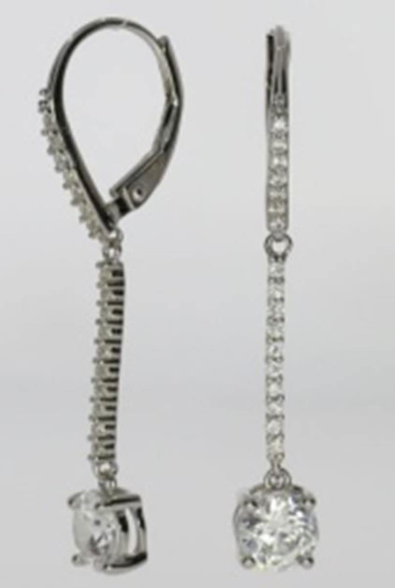 Sterling Silver Rhodium Pave 6mm Rd Leverback Long Drop Earring