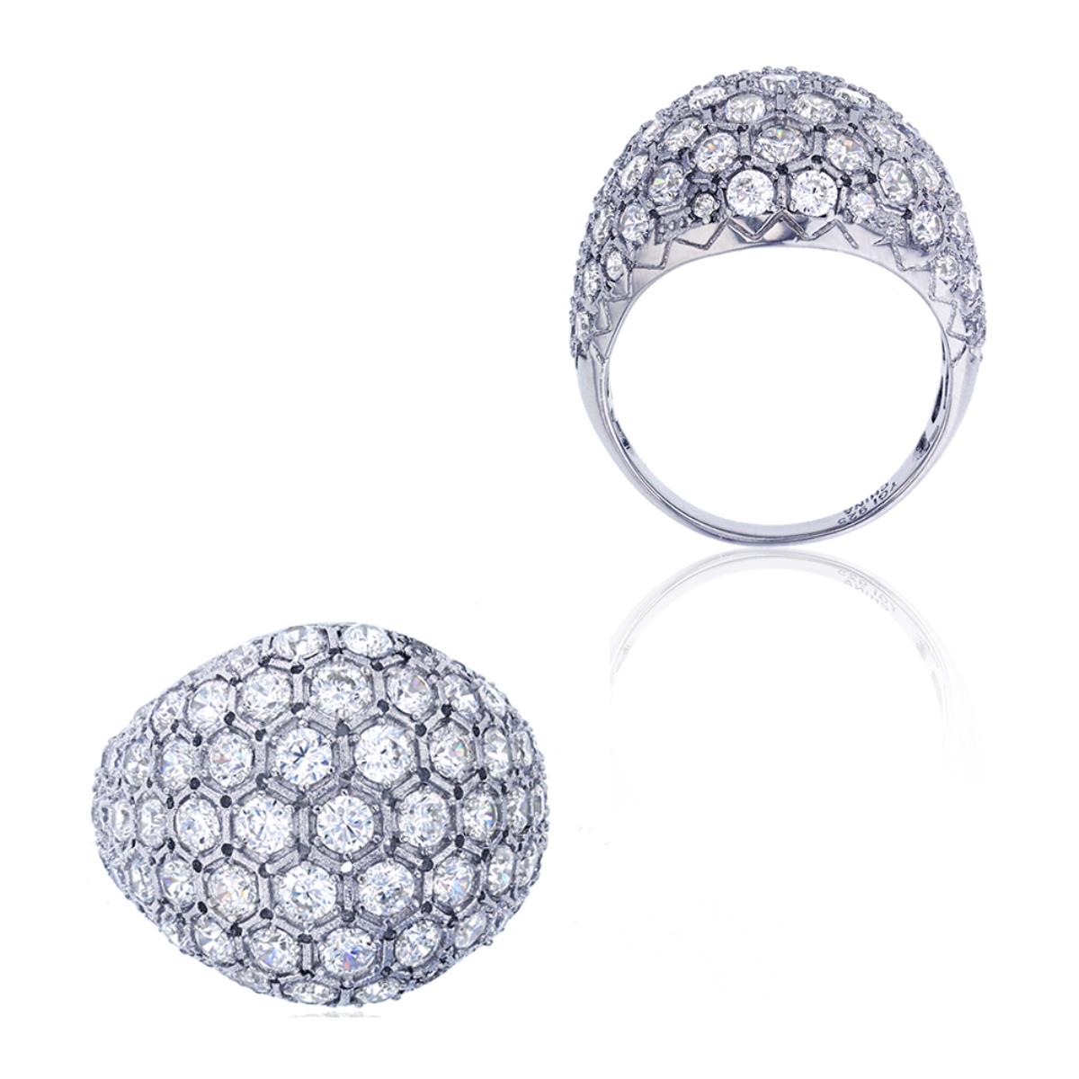 Sterling Silver Rhodium Micropave Honeycomb Dome Cocktail Ring
