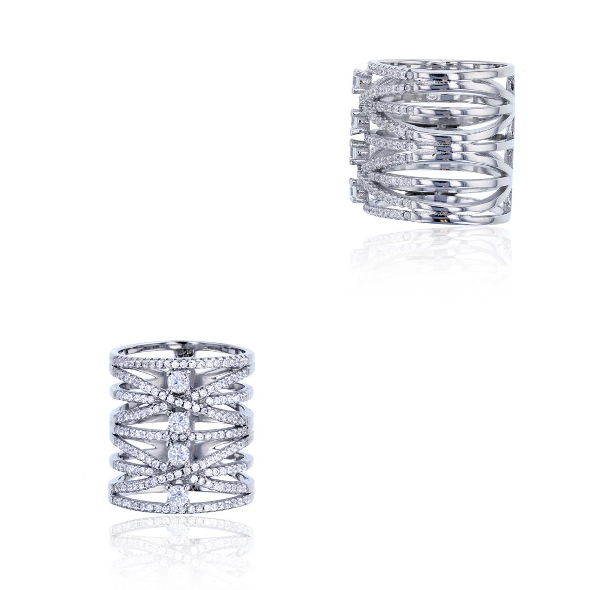 Sterling Silver Rhodium Pave Long Finger Fashion Cocktail Ring