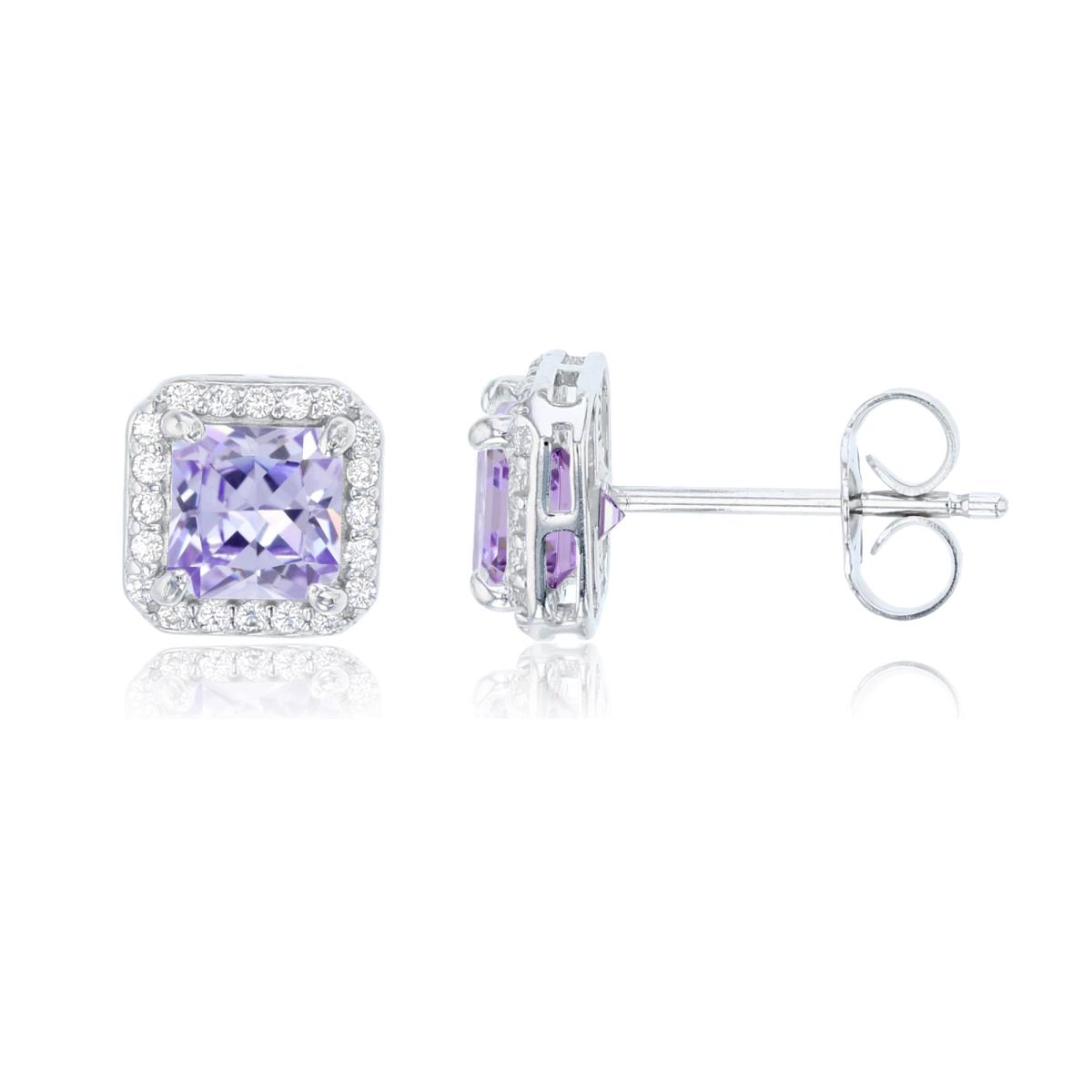 Sterling Silver 8.50mm Square Lavender CZ & White CZ Pave Halo Stud Earring