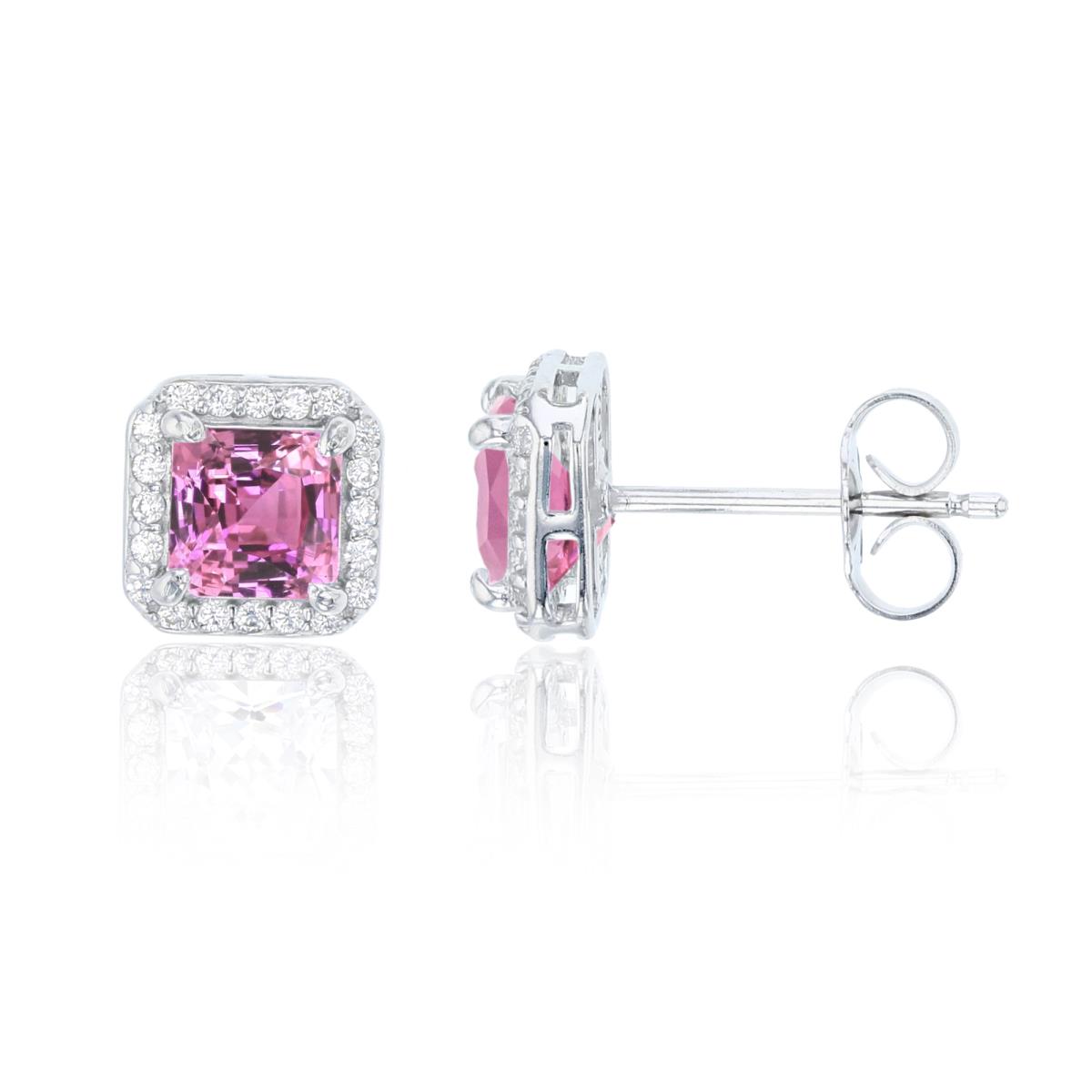 Sterling Silver 8.50mm Square Pink CZ & White CZ Pave Halo Stud Earring