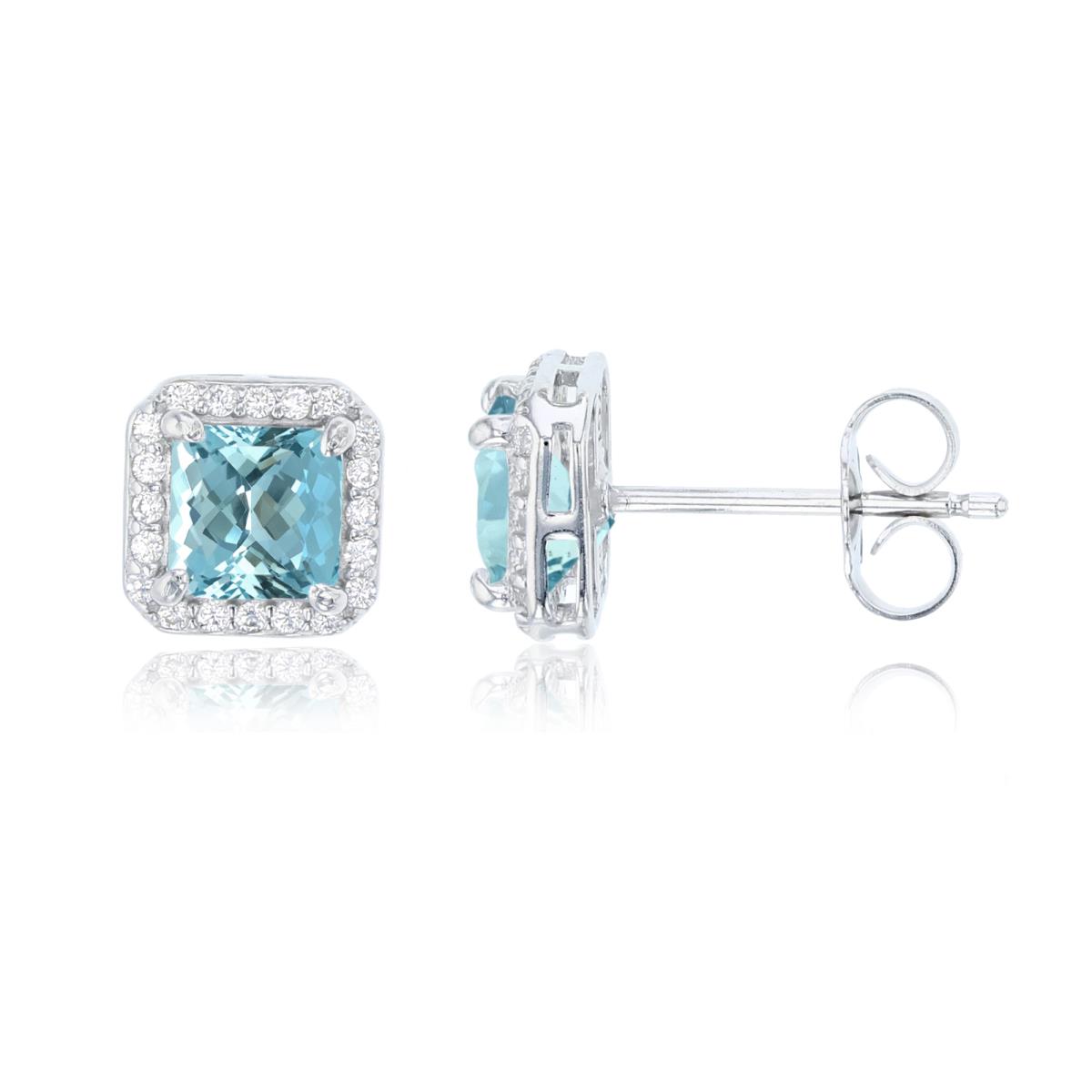 Sterling Silver 8.50mm Square Light Blue CZ & White CZ Pave Halo Stud Earring