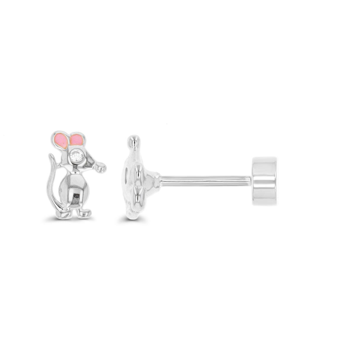 Sterling Silver Rhodium 8.4X5.2MM Solitaire CZ Pink Enamel Mouse Stud Earring