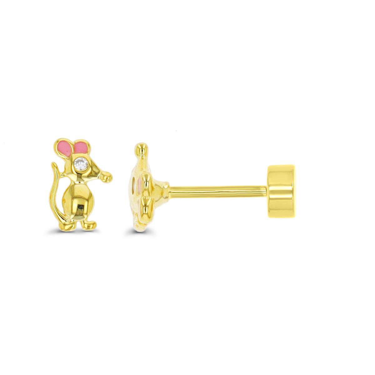 Sterling Silver Yellow 8.4X5.2MM Solitaire CZ Pink Enamel Mouse Stud Earring