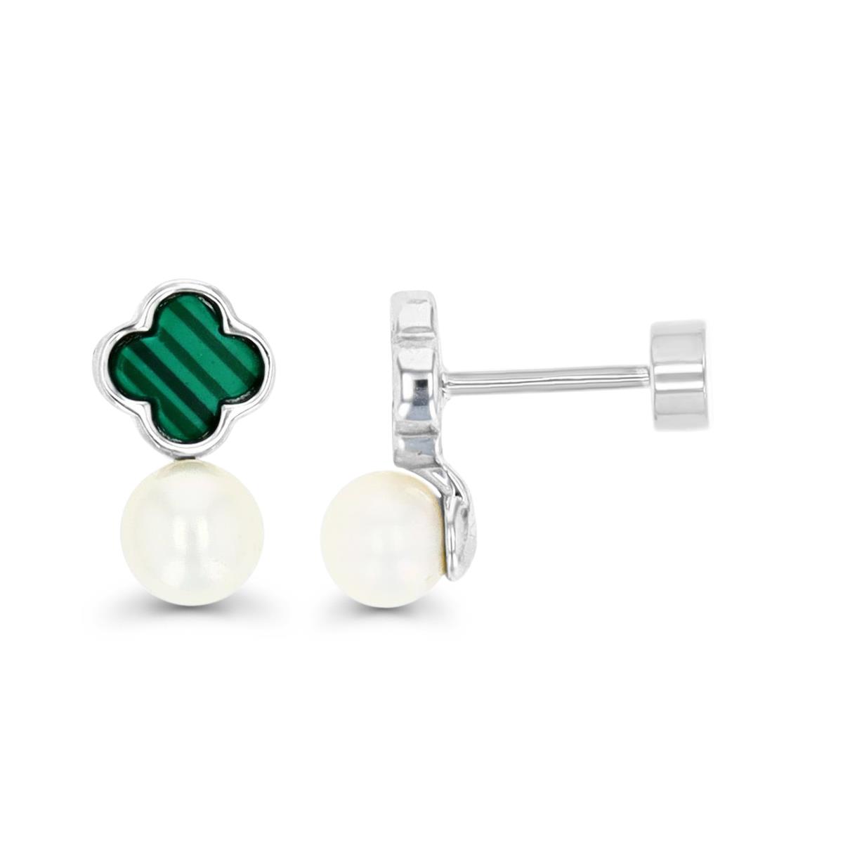 Sterling Silver Rhodium & Simulated Malachite and 4MM Fresh Water Pearl Flat Back Stud Earring