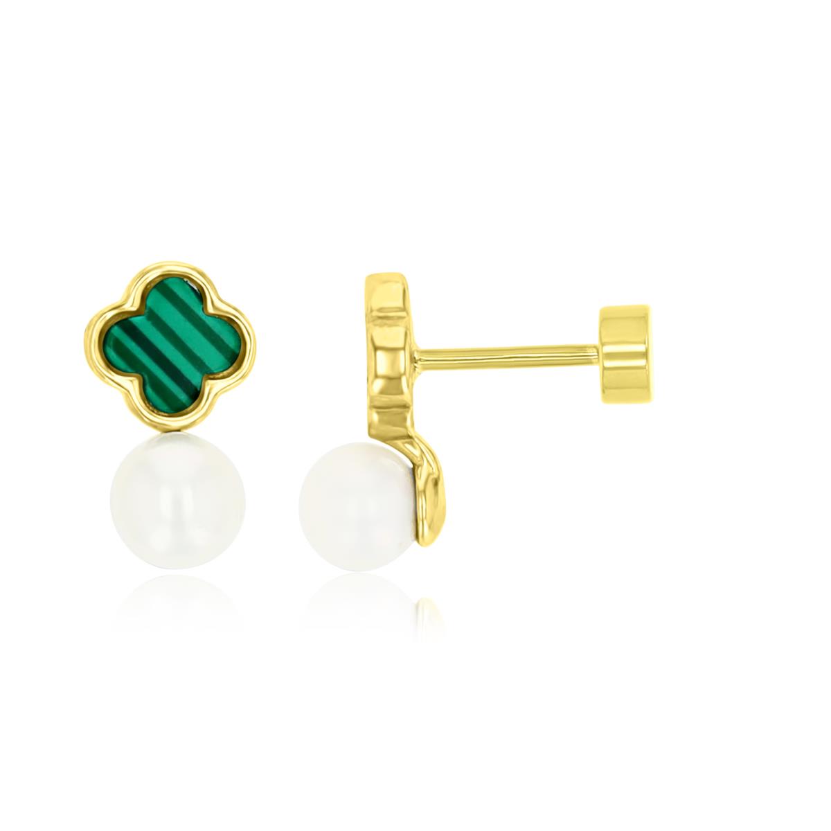 Sterling Silver Yellow & Simulated Malachite and 4MM Fresh Water Pearl Flat Back Stud Earring