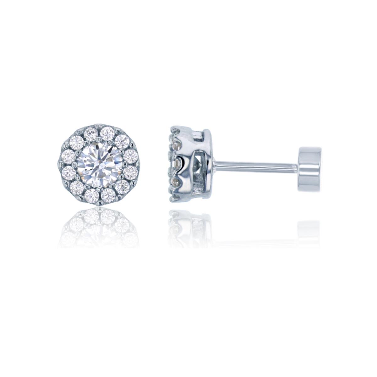 Sterling Silver Rhodium 4mm Round CZ Halo Flat Back Stud Earring