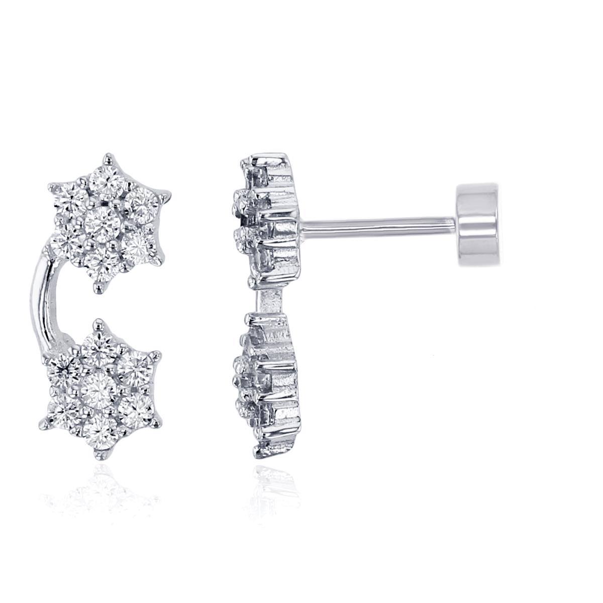 Sterling Silver Rhodium Rnd CZ Double Flowers Flat Back Studs