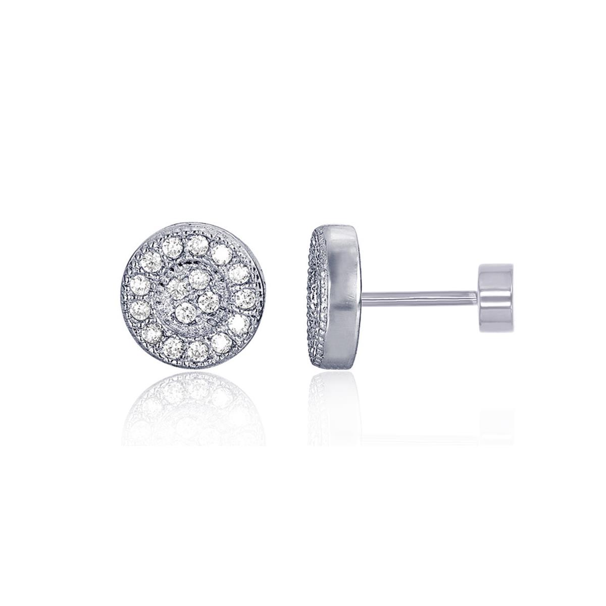 Sterling Silver Rhodium 7mm  Round Micropave Flat Back Stud Earring