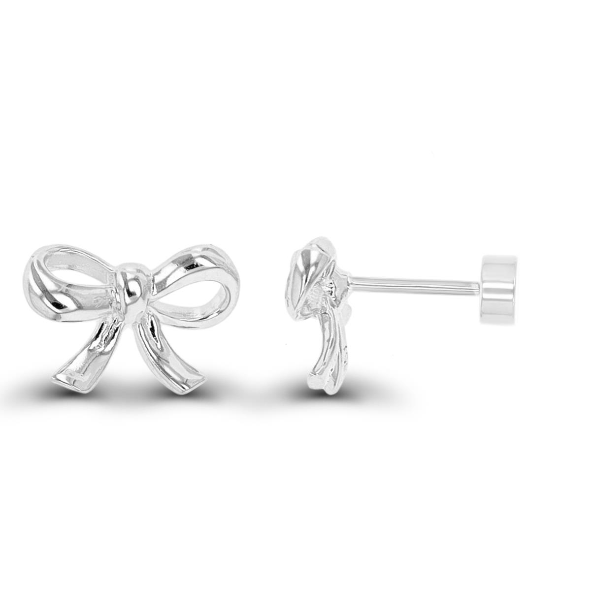 Sterling Silver Rhodium Polished Bow Stud 8X12mm Flat Back Earring