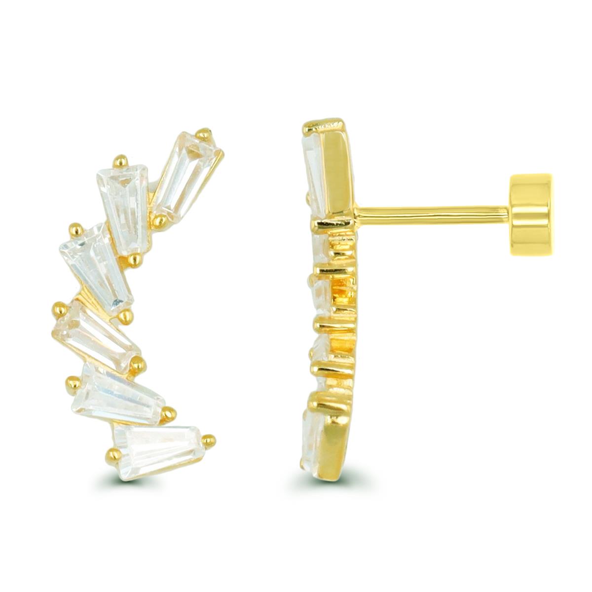Sterling Silver Yellow 17X4MM Tappered Baguette White CZ Flat Back Stud Earring