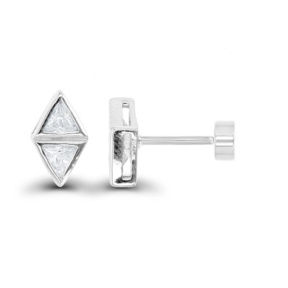 Sterling Silver Rhodium Double Triangle CZ Flat Back Stud Earring