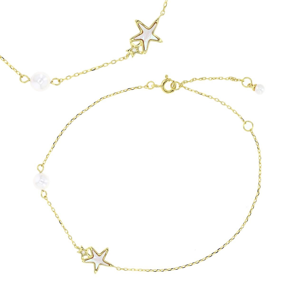 Sterling Silver Yellow 15.5X9.6MM Star Enamel, Fresh Water Pearl & White Sapphire 9+1" Anklet