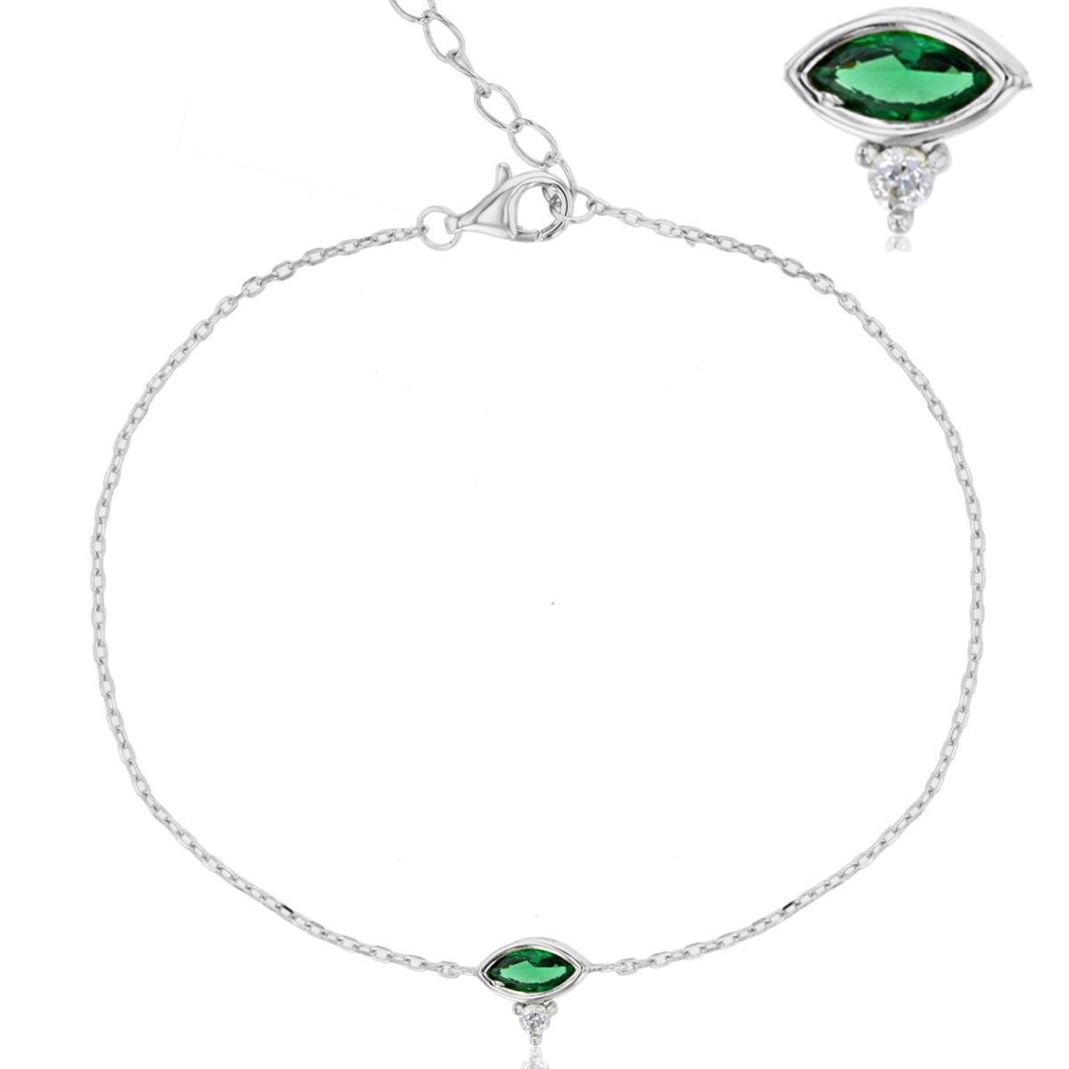 Sterling Silver Rhodium Rnd White & MQ Green CZ Bezel 9+1"Chained Anklet