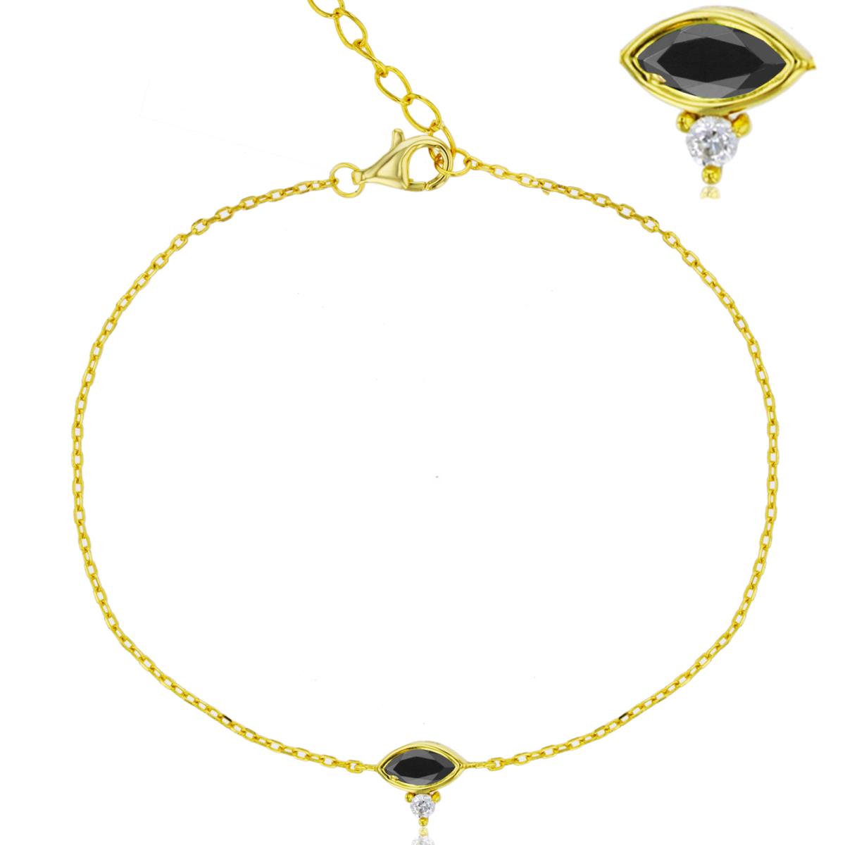 Sterling Silver Yellow Rnd White & MQ Black CZ Bezel 9+1"Chained Anklet