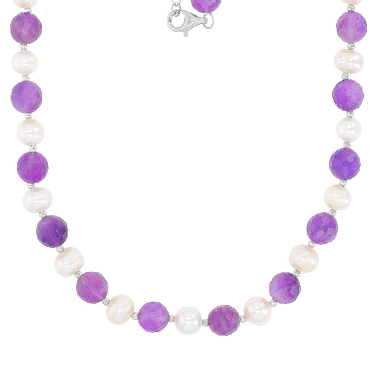 Sterling Silver Rhodium 7-8mm White Freshwater Pearl & 8mm Amethyst 18+2" Necklace