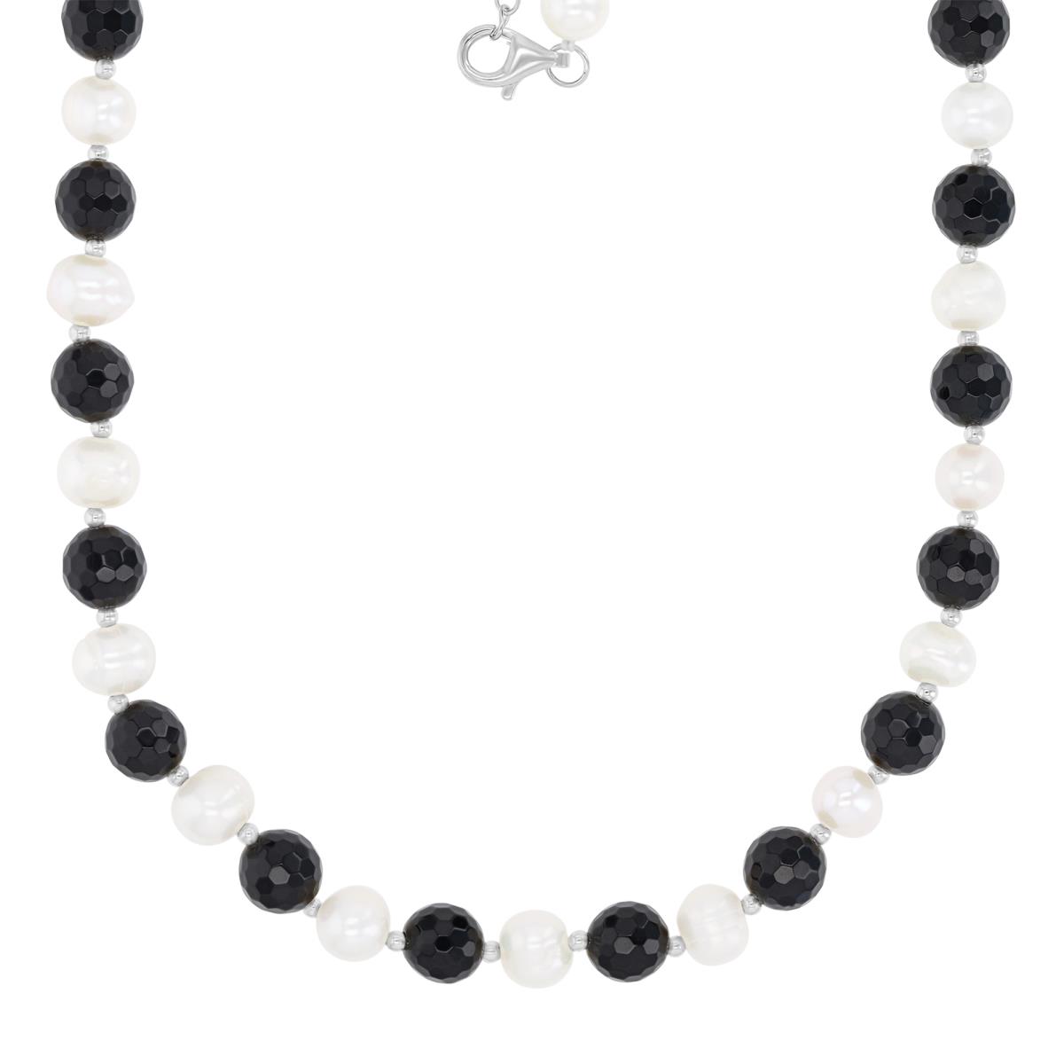 Sterling Silver Rhodium 7-8mm White Freshwater Pearl & 8mm Black Onyx 18+2" Necklace