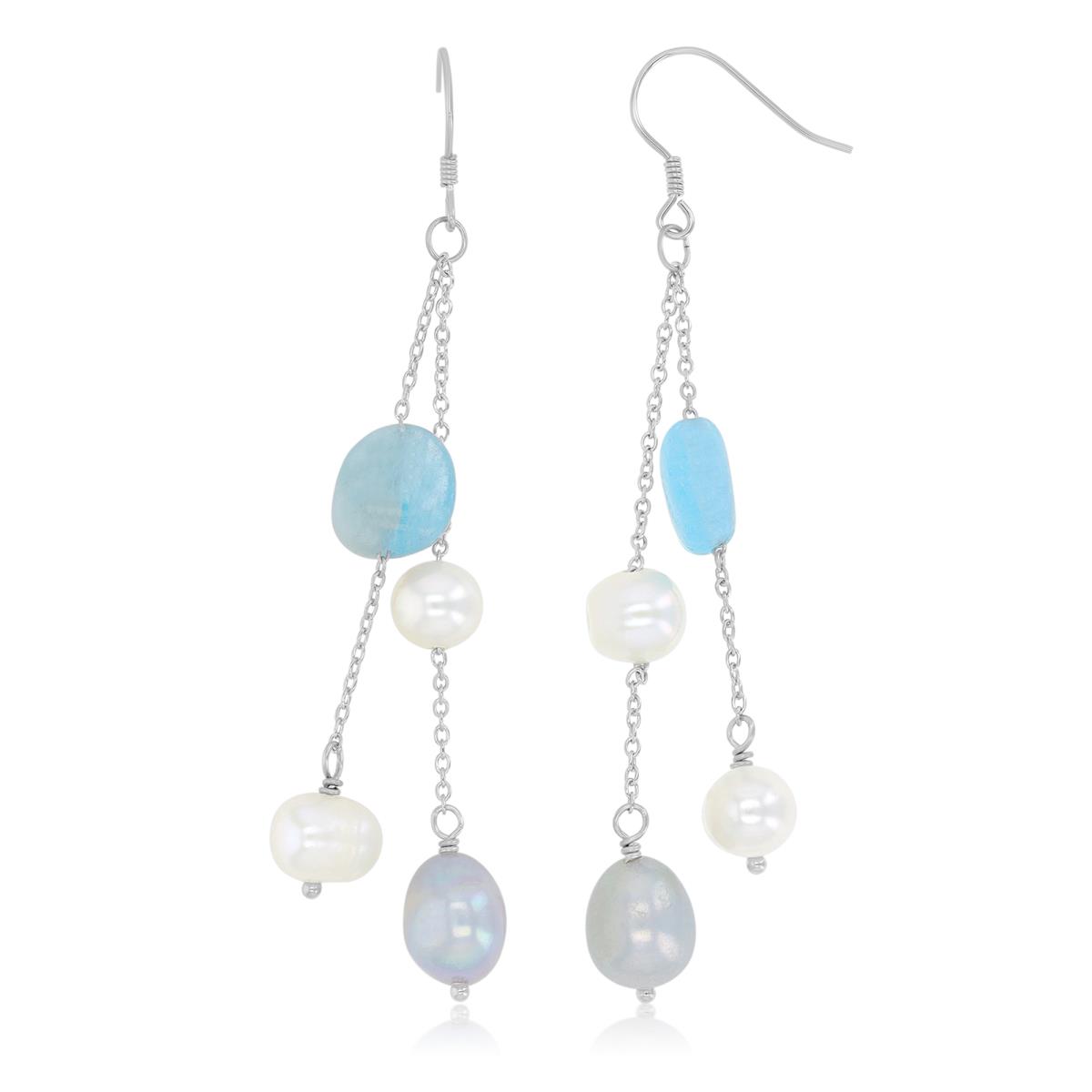 Sterling Silver Rhodium 73mm Dangling With White Freshwater 7-8mm Potato Pearl & 8-10mm Aquamarine Fish Hook Earring