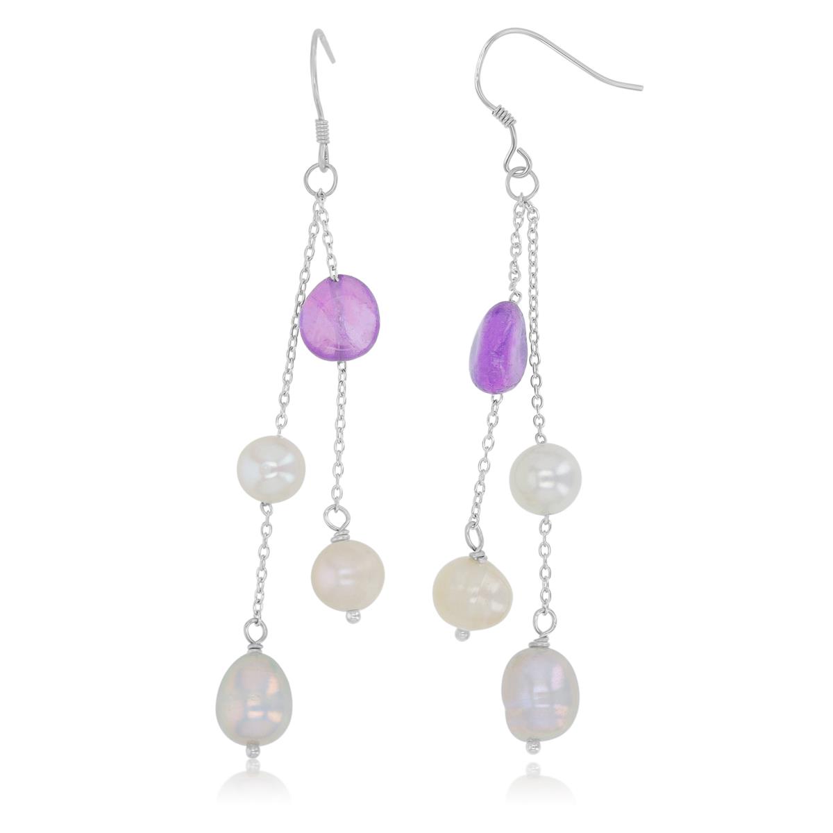 Sterling Silver Rhodium 73mm Dangling With White Freshwater 7-8mm Potato Pearl & 8-10mm Amethyst Fish Hook Earring
