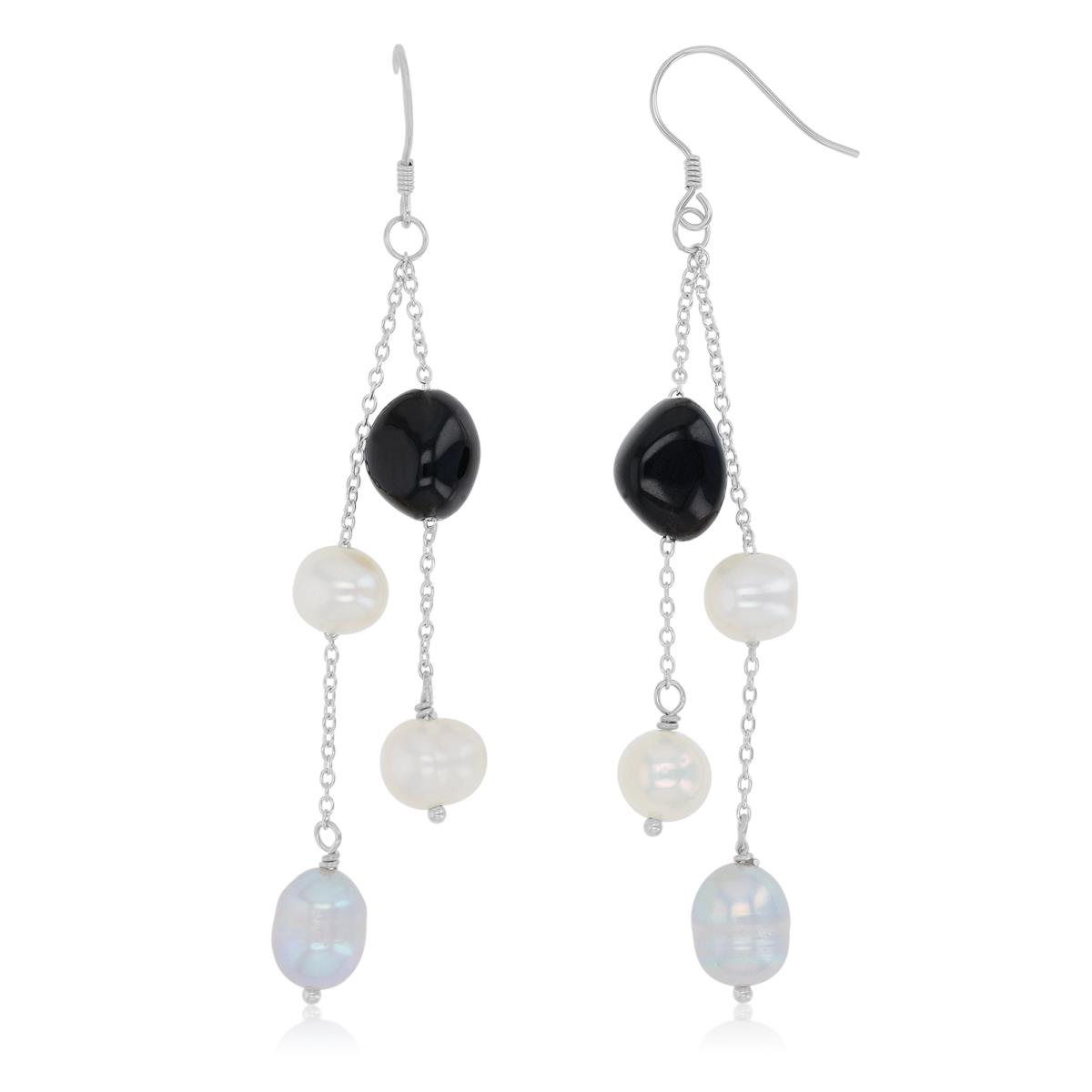 Sterling Silver Rhodium 73mm Dangling With White Freshwater 7-8mm Potato Pearl & 8-10mm Black Onyx Fish Hook Earring