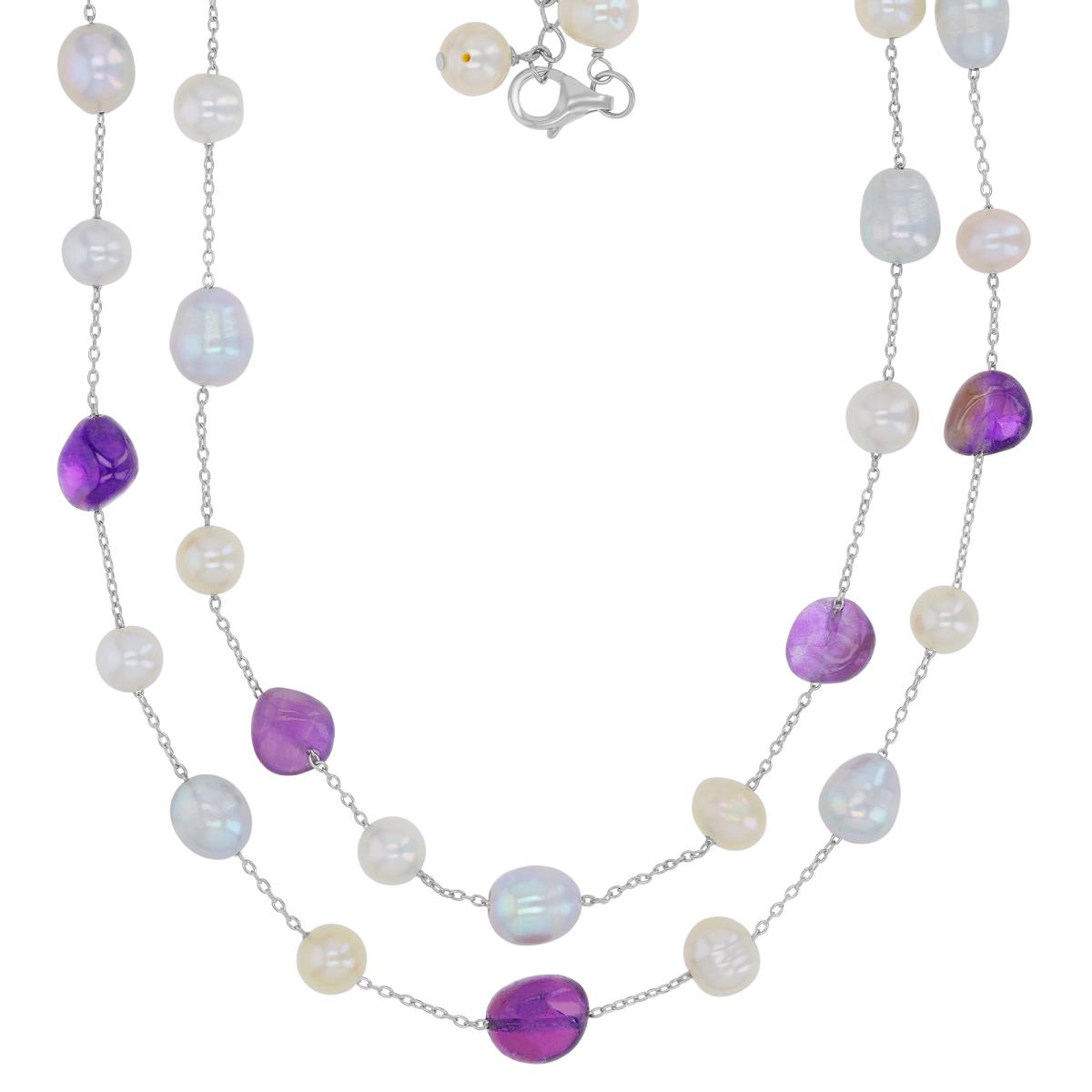 Sterling Silver Rhodium 7-8mm White Potato Freshwater Pearl & 8-10mm Amethyst 18-19" Double Necklace