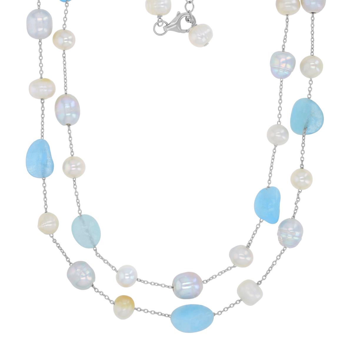 Sterling Silver Rhodium 7-8mm White Potato Freshwater Pearl & 8-10mm Aquamarine 18-19" Double Necklace