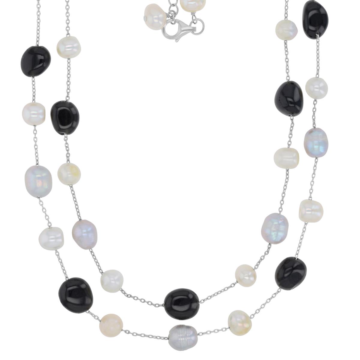 Sterling Silver Rhodium 7-8mm White Potato Freshwater Pearl & 8-10mm Black Onyx 18-19" Double Necklace