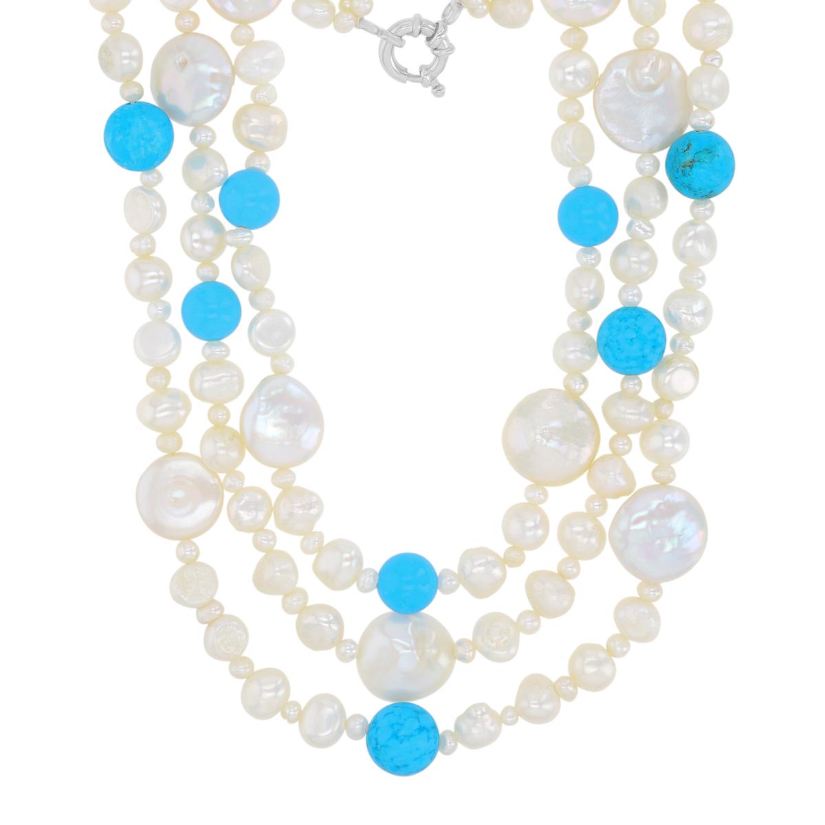 Sterling Silver Rhodium White Freshwater Pearls & 8-10mm Turquoise Beaded 18"-19"-20" Triple Necklace