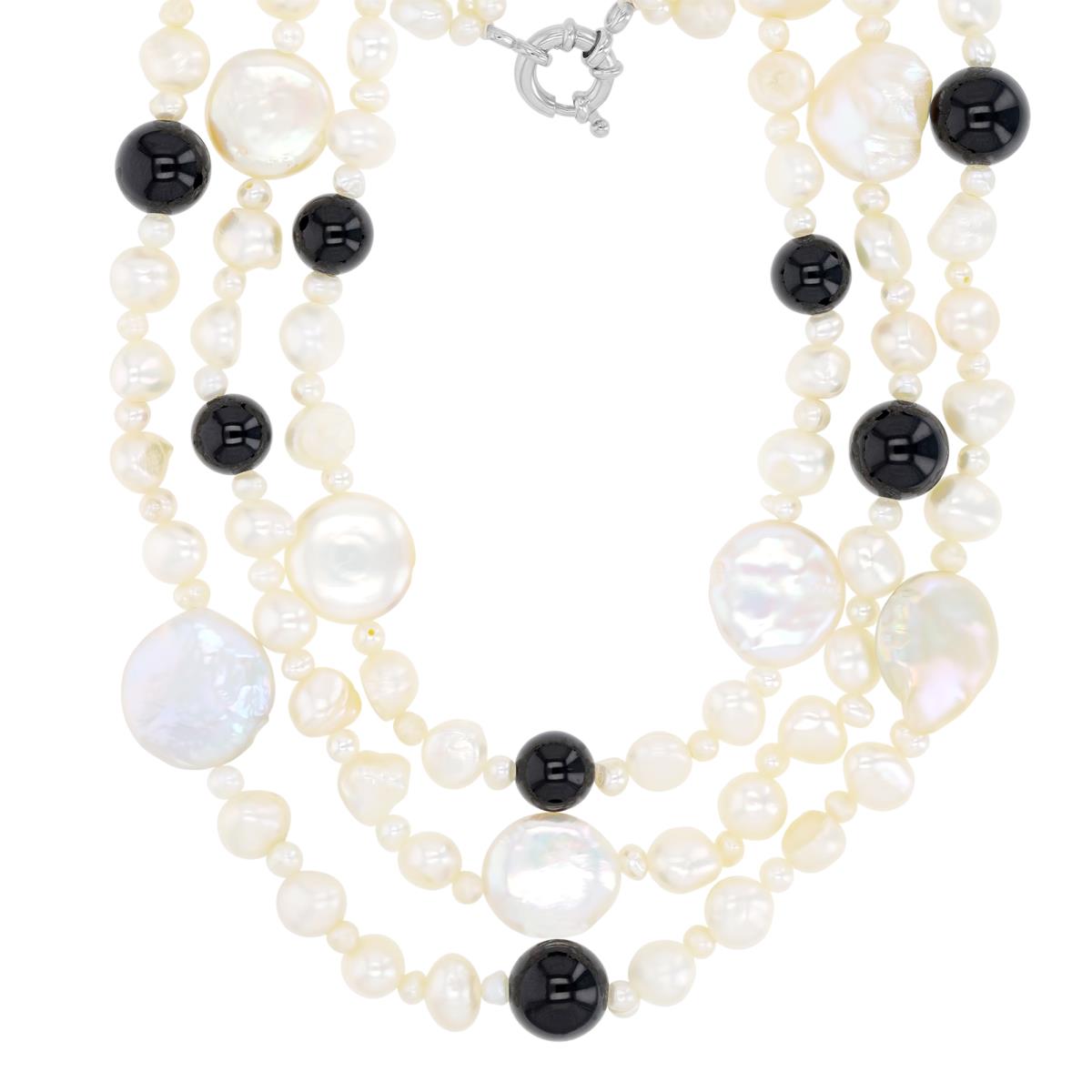 Sterling Silver Rhodium White Freshwater Pearls & 8-10mm Black Onyx Beaded 18"-19"-20" Triple Necklace