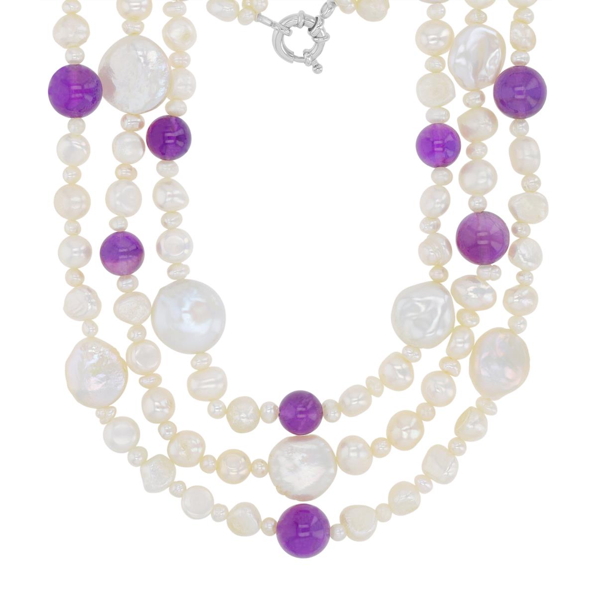 Sterling Silver Rhodium White Freshwater Pearls & 8-10mm Amethyst Beaded 18"-19"-20" Triple Necklace