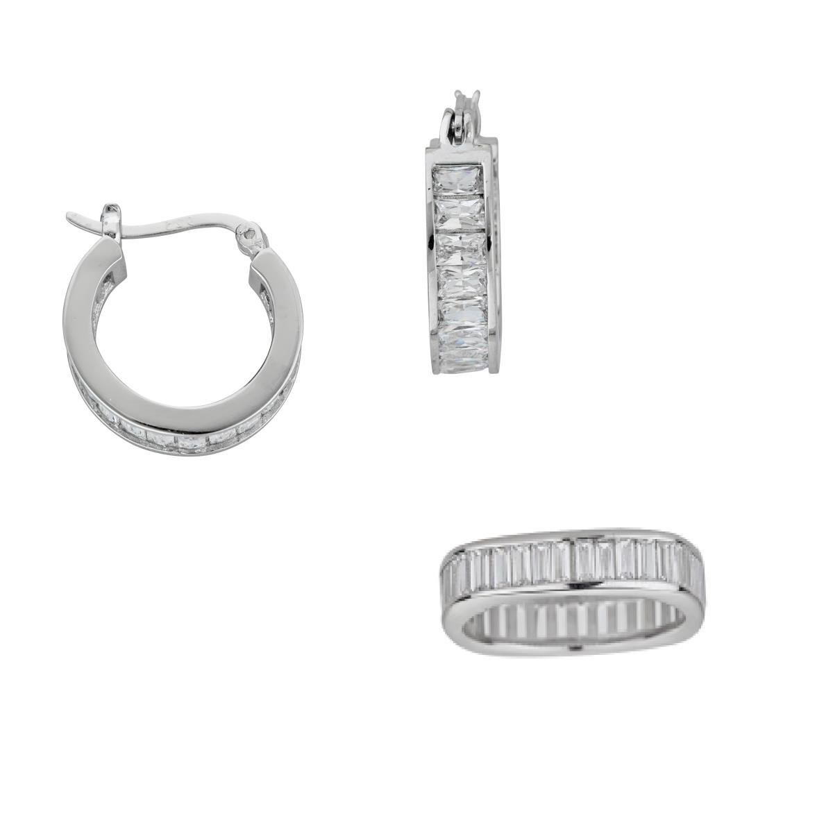 Sterling Silver Rhodium Baguette Huggie & Squared Eternity Band Set