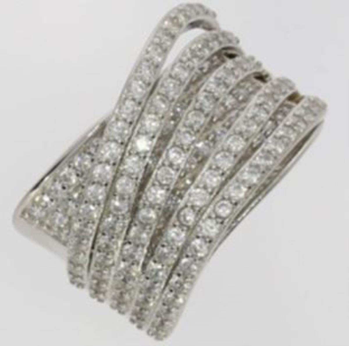 Sterling Silver Rhodium Micropave Multi-Row Criss Cross Ring