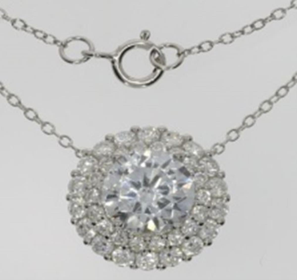 Sterling Silver Rhodium Micropave 6mm Rd Double Halo 16" Necklace